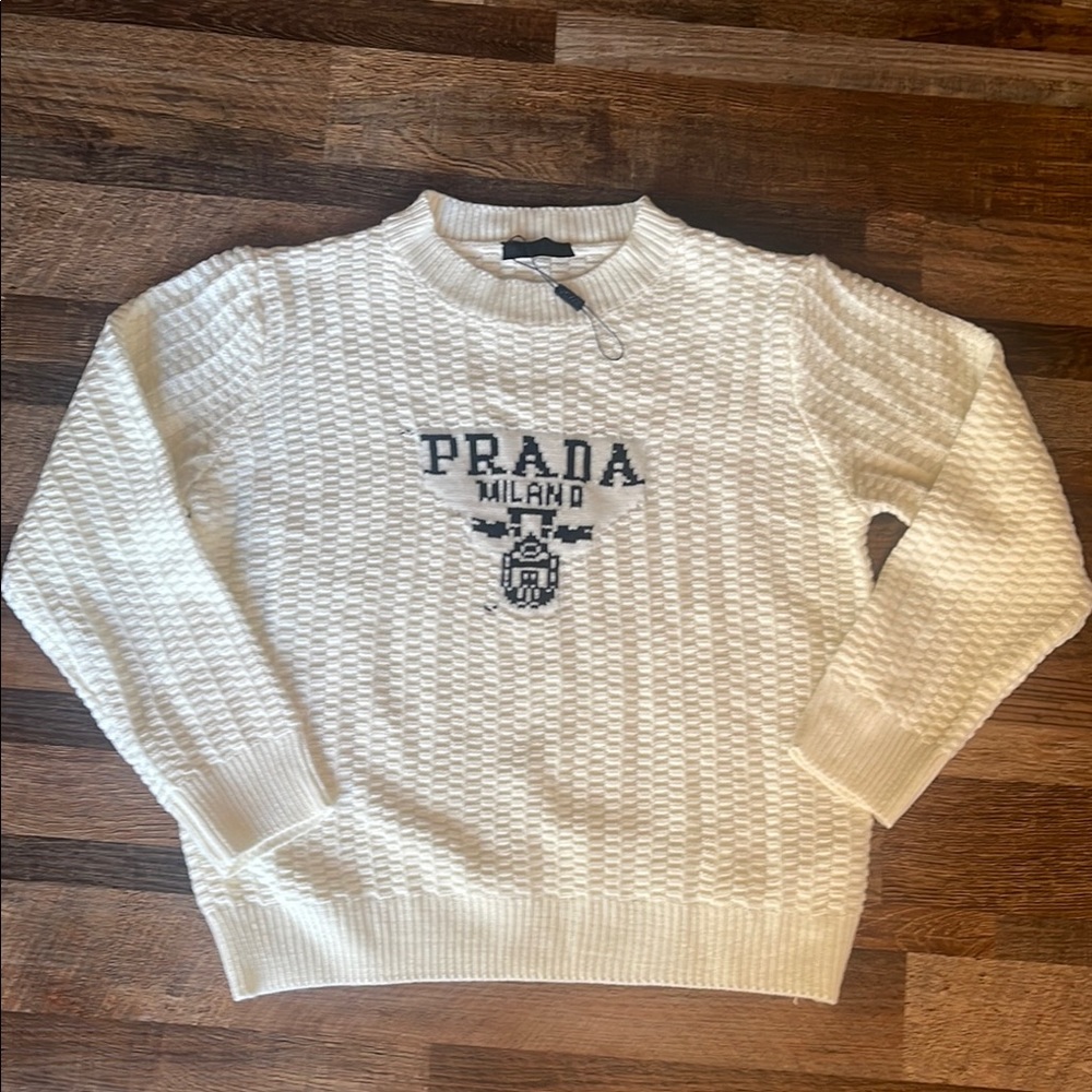 Prada White Crew Neck Sweater with Textured Knit